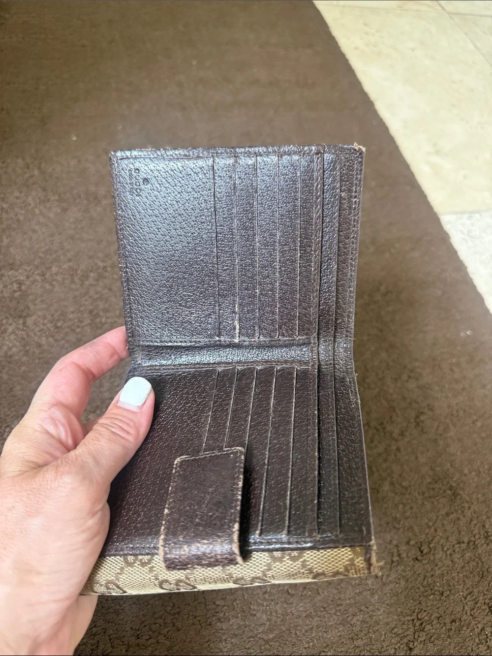 Authentic Gucci Brown & Beige GG Canvas Bifold Wallet with Metal Plate